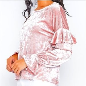 NWOT Crushed Velvet Ruffle Sleeve Top in Blush Pink
